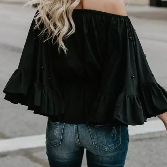 1 Left! Black Off The Shoulders Top w/Black Pearls - Picture 2 of 5
